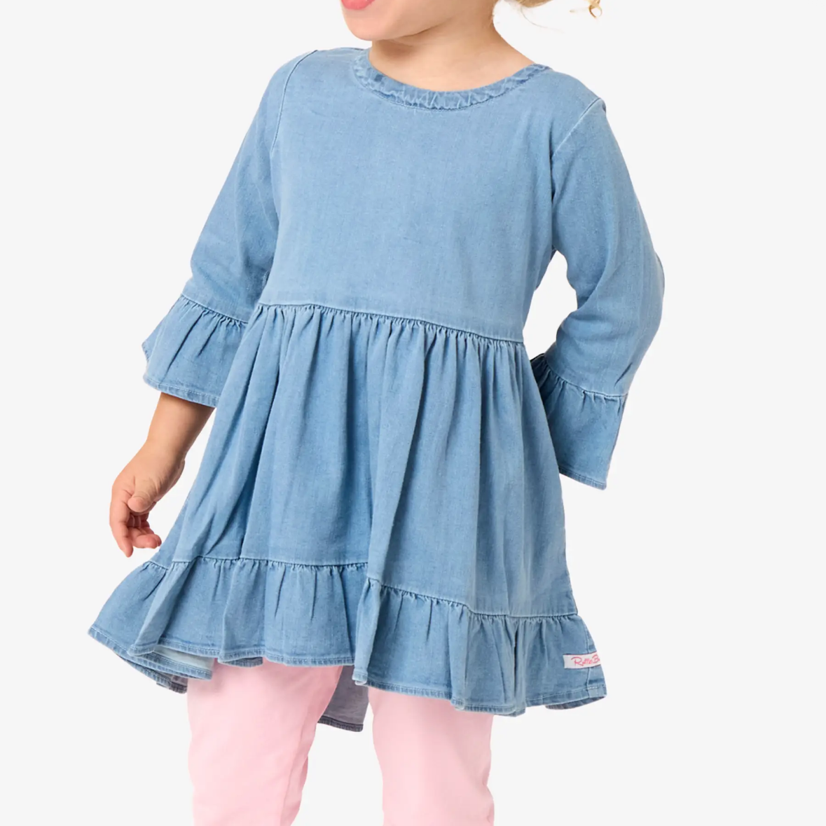 Light Wash Denim High
Low Ruffle Tunic Toddler Top