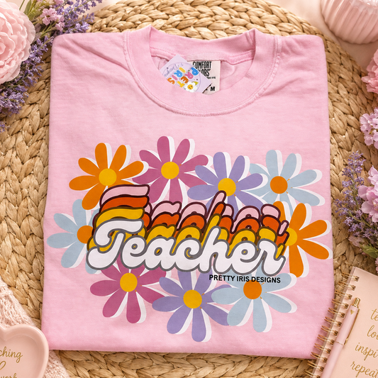 Retro Daisy Flowers Teacher Pink Adult T-Shirt