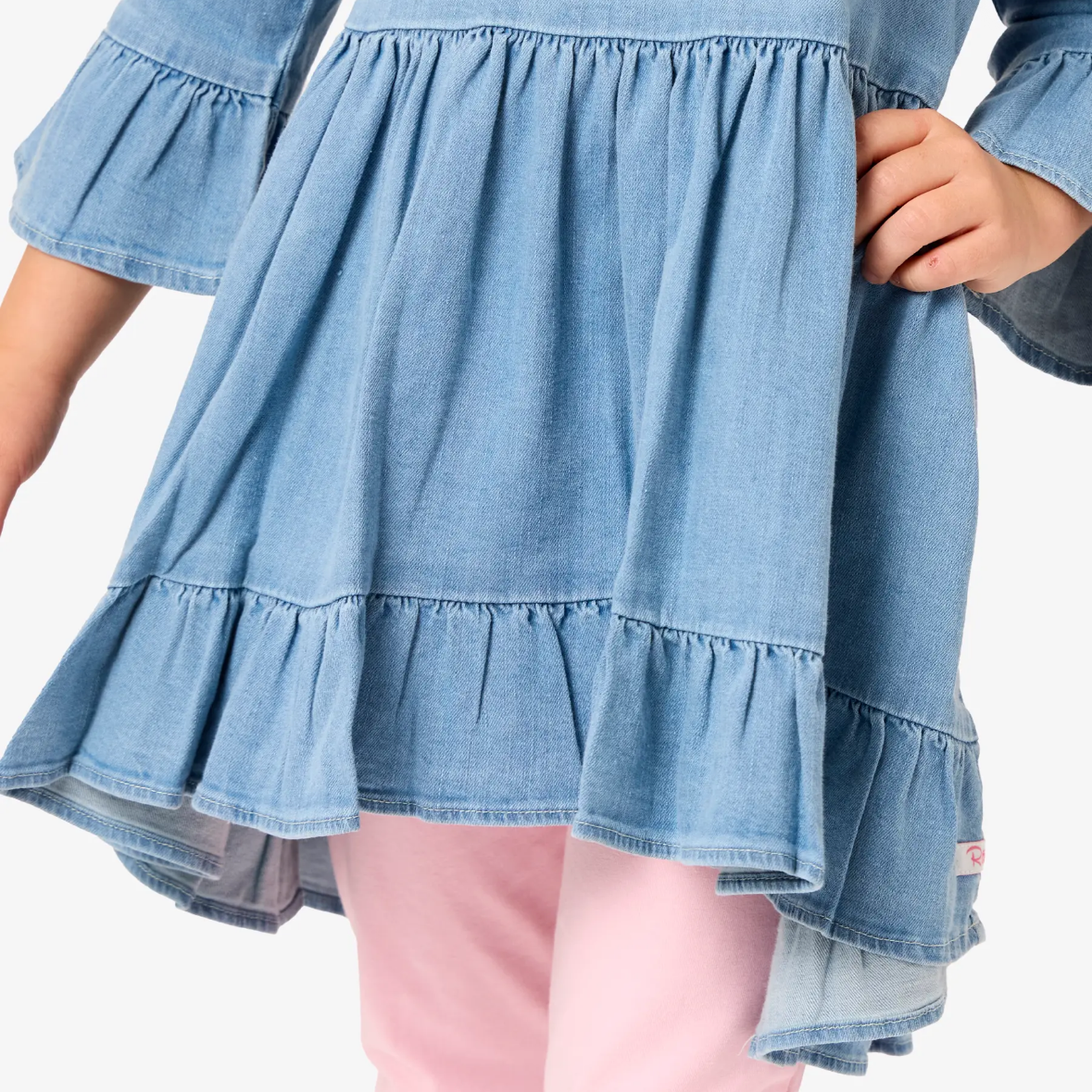 Light Wash Denim High
Low Ruffle Tunic Toddler Top