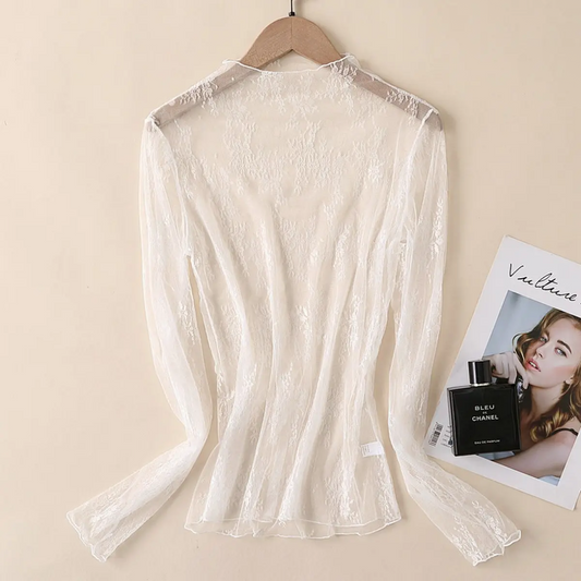 White Sexy Mesh Blouse - Long Sleeve women’s Lace Top