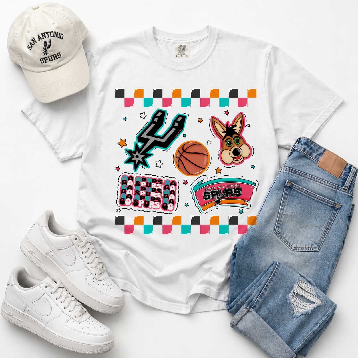 Checkered Spurs white adult T-shirt