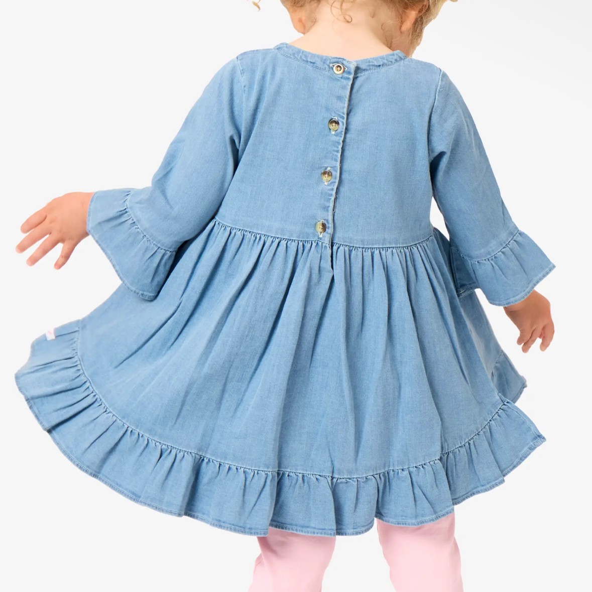 Light Wash Denim High
Low Ruffle Tunic Toddler Top