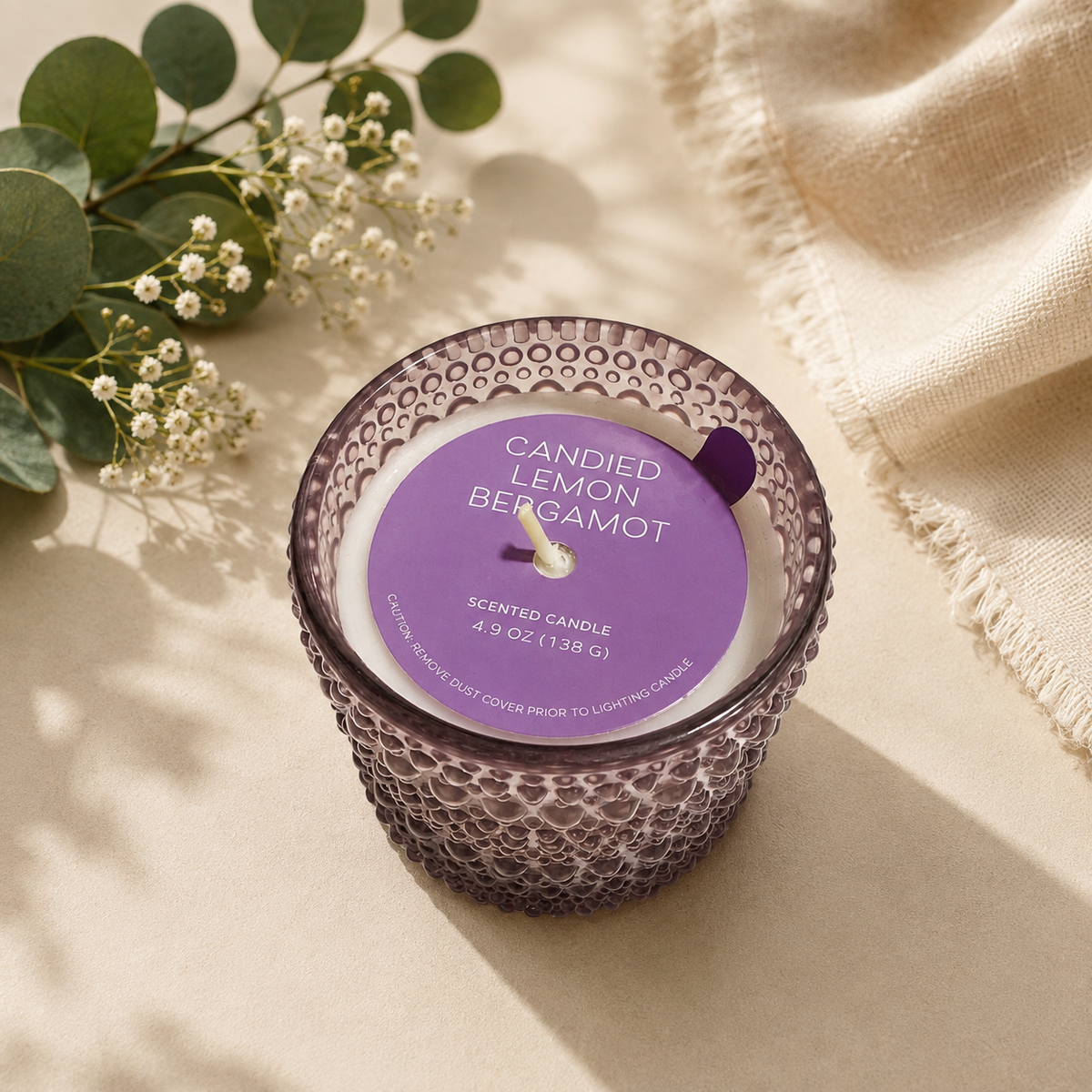 Purple polkadot candle