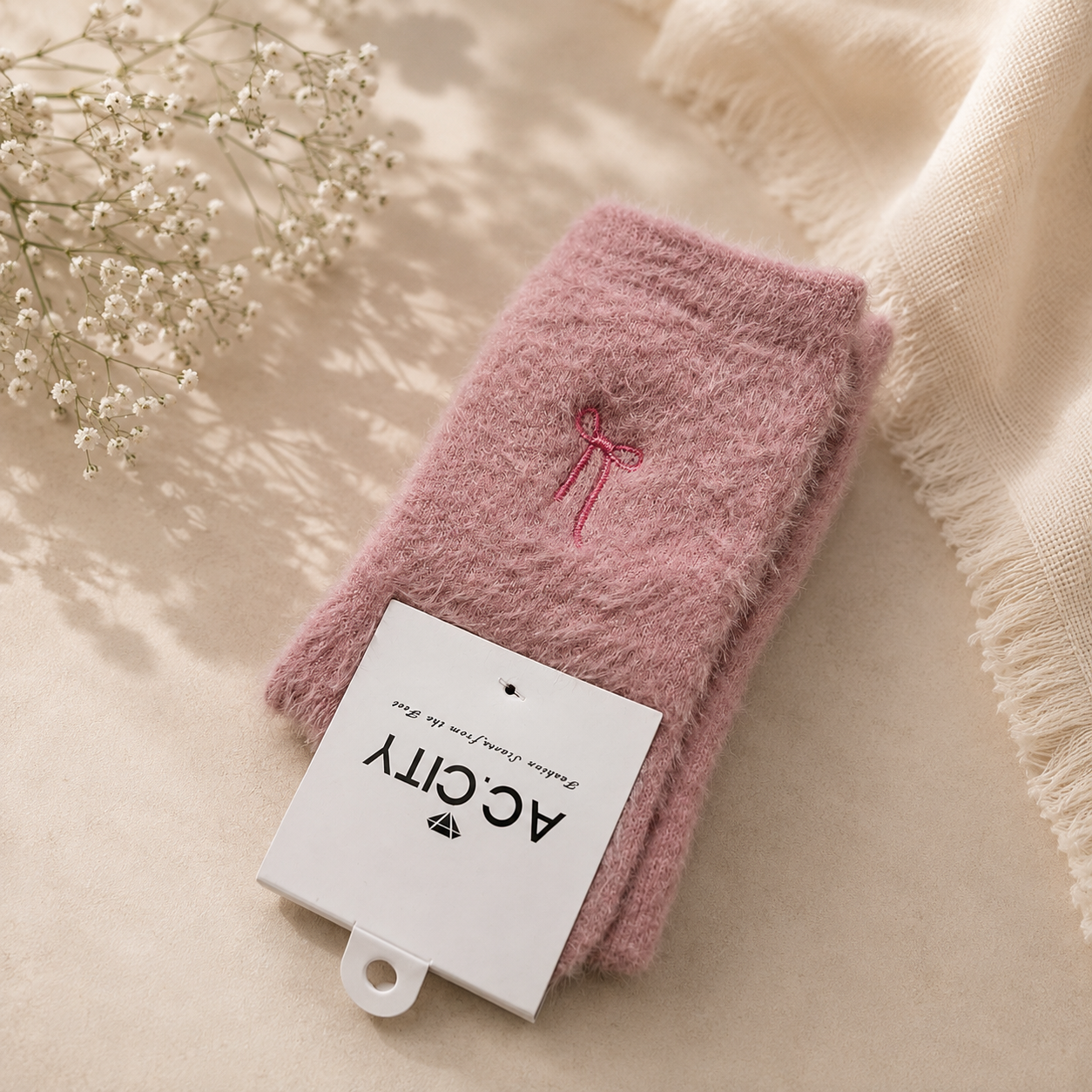 Cozy fuzzy pink bow socks