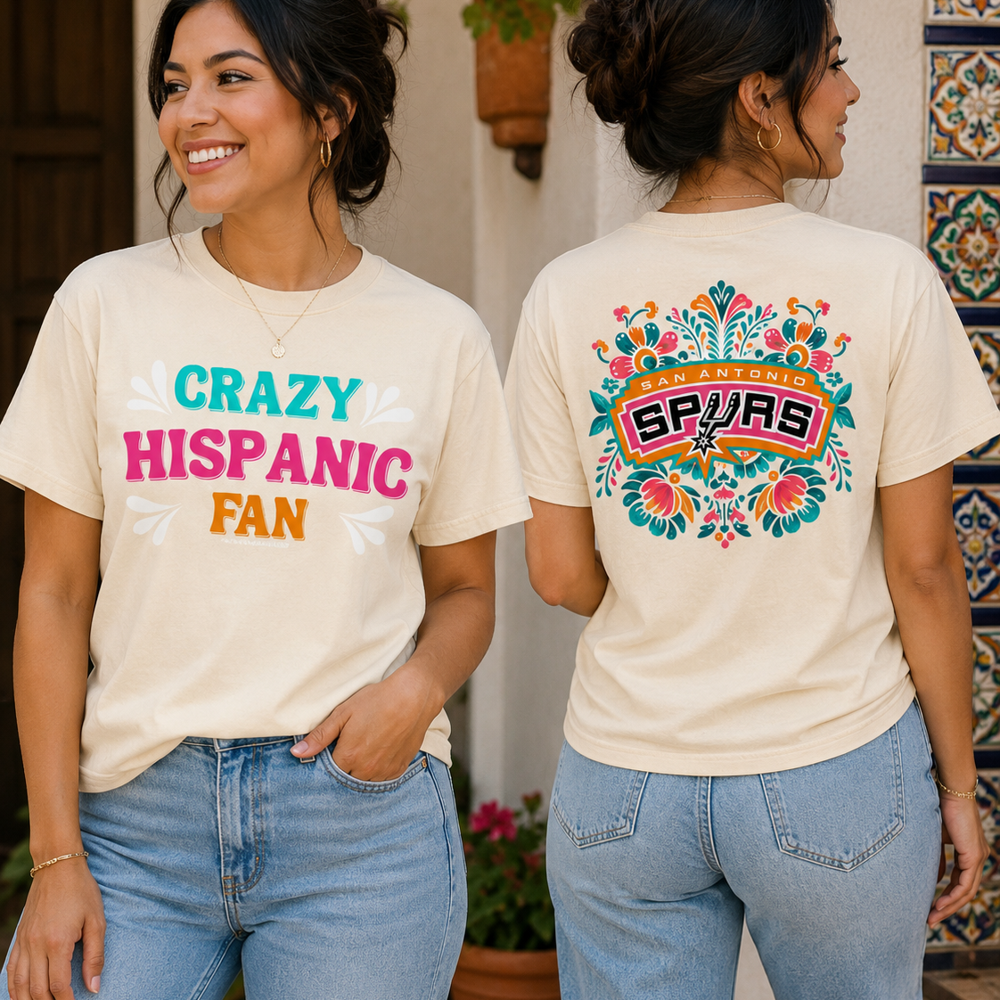 Crazy Hispanic fan floral spurs, cream, adult T-shirt ￼