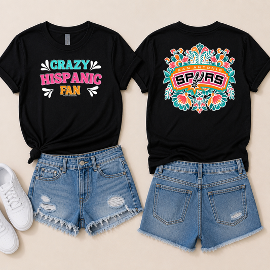 Crazy Hispanic fan Spurs floral, black adult T-shirt ￼
