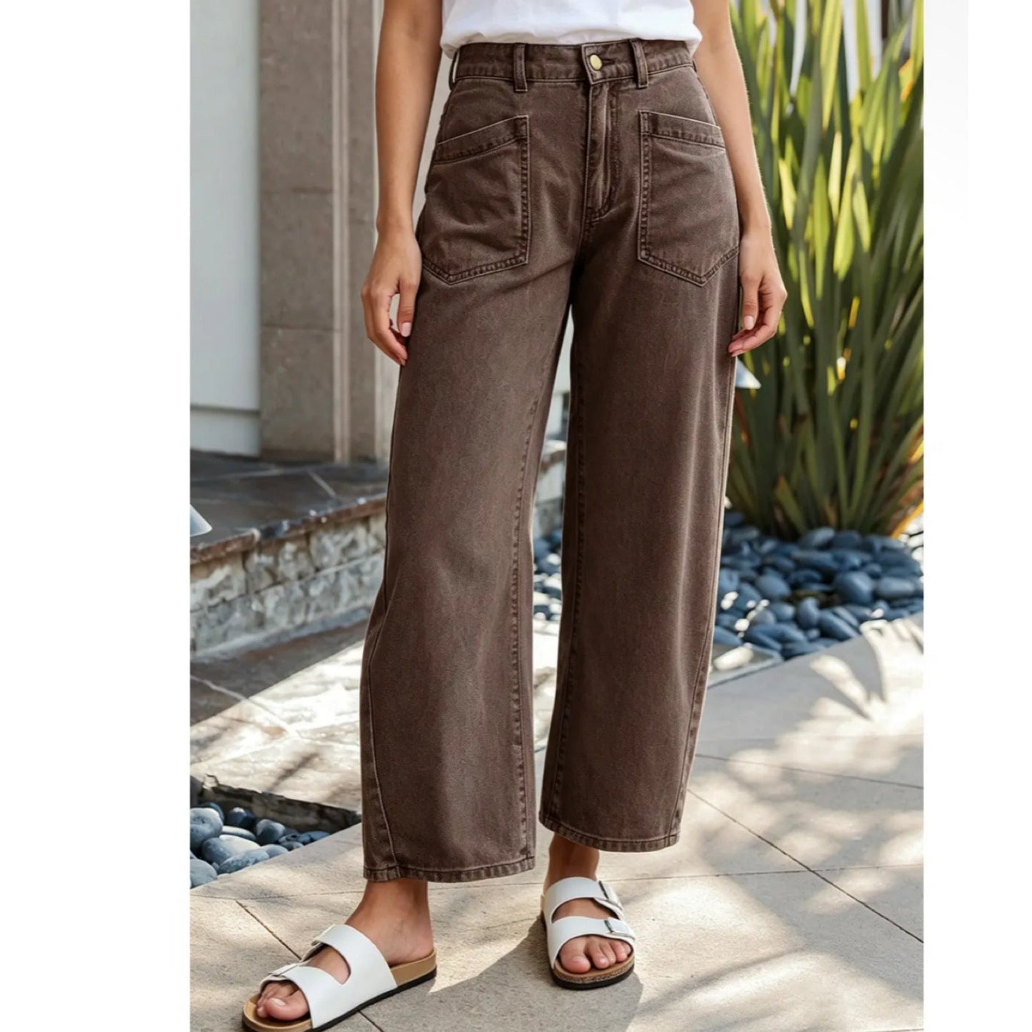 Coffee Brown Square Patch Pocket
Ankle Barrel Jeans