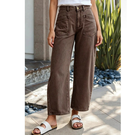 Coffee Brown Square Patch Pocket
Ankle Barrel Jeans