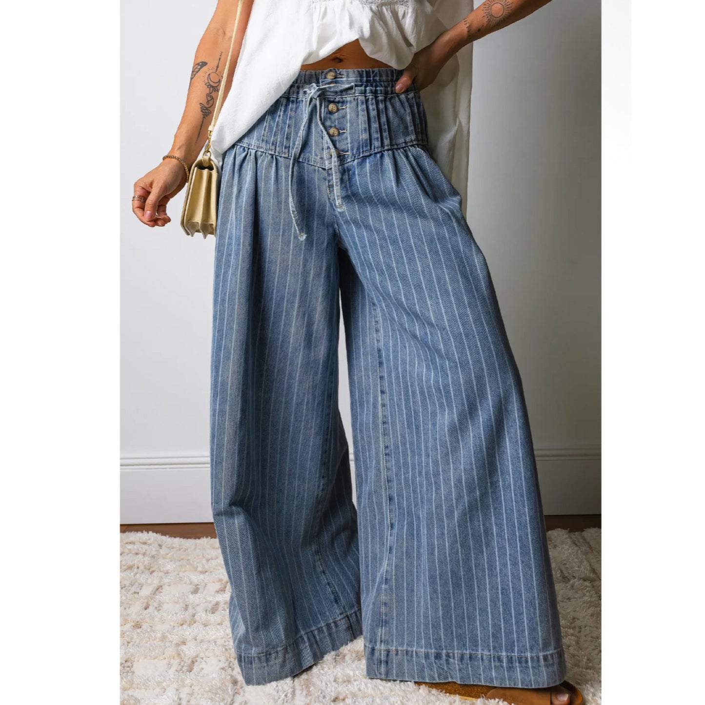 Striped Drawstring Waist Casual
Wide Leg Jeans