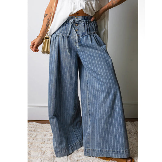 Striped Drawstring Waist Casual
Wide Leg Jeans